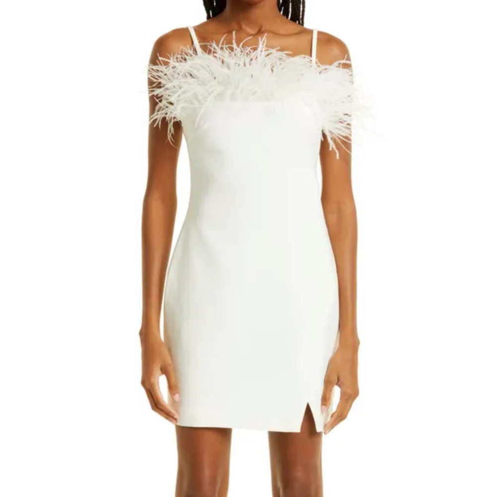 likely katy dress with feathers in white